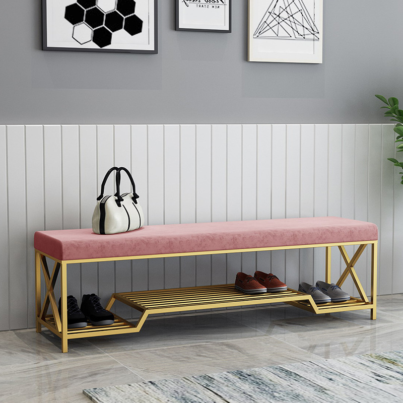 Golden light luxury ironwork shoe-changing stool, household outside shoe-changing chair, clothing store fitting room, wardrobe room, shoe store shoe-changing stool details Picture