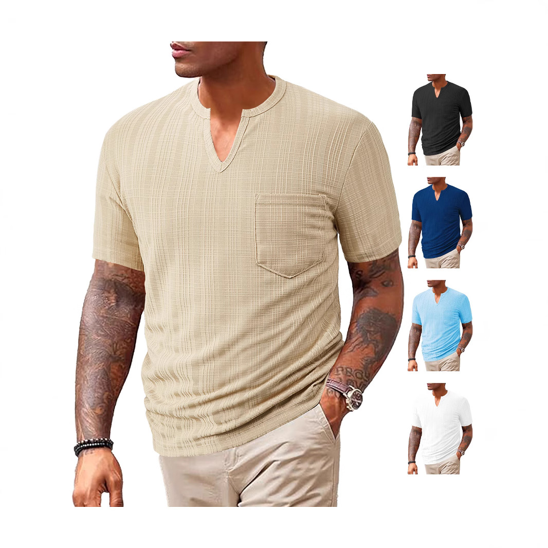 25 años cross border ropa de hombre europa y Estados Unidos verano nuevo deporte casual holgado color sólido 100% poliéster imitación de lino cuello V hombres manga corta