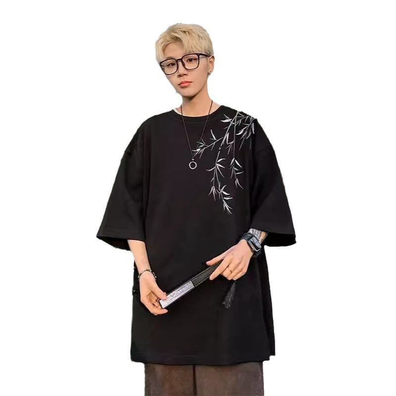 New Chinese-style bamboo short-sleeved T-shirt for men, summer ice silk thin seven-inch round neck loose men's half-sleeved shirt Item Picture