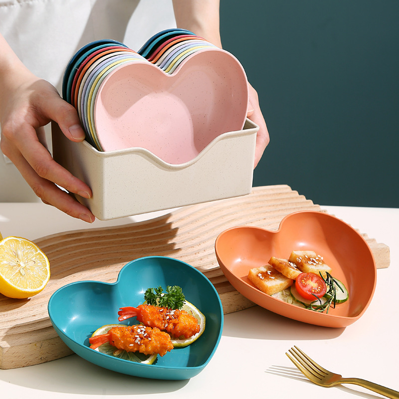 Cross-border Amazon wheat Straw plate ins high appearance level Heart bone spitting plate Fruit salad dessert plate cutlery full figure