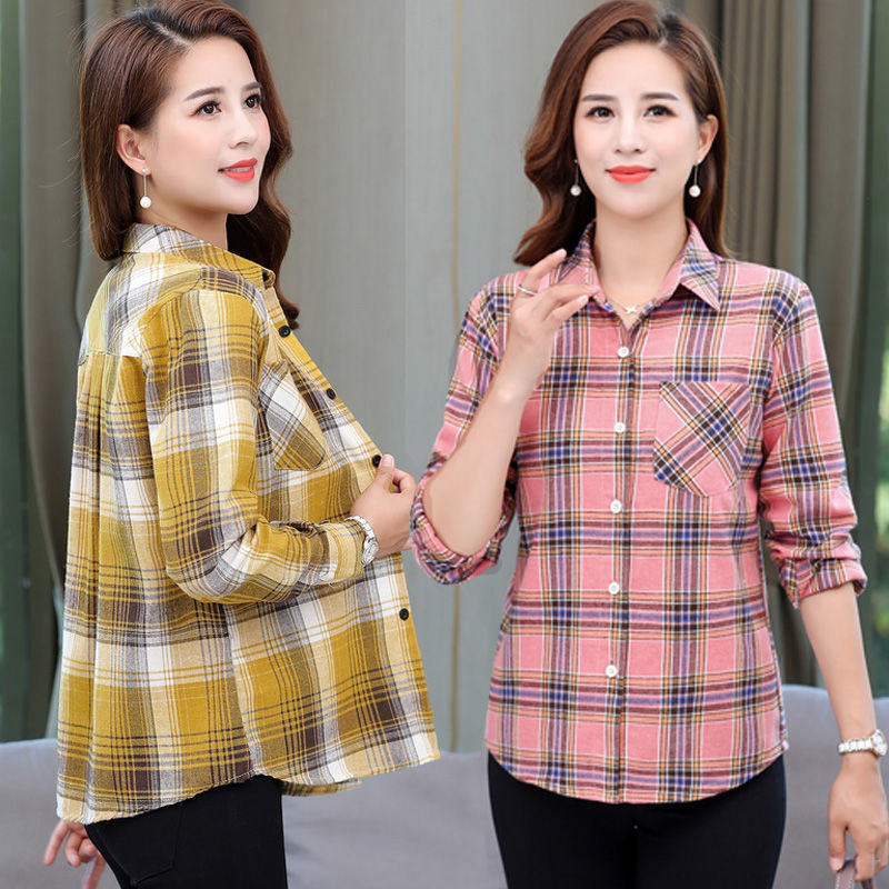 妈妈春秋装纯棉格子长袖衬衫中老年宽松薄款衬衣百搭女士休闲上衣