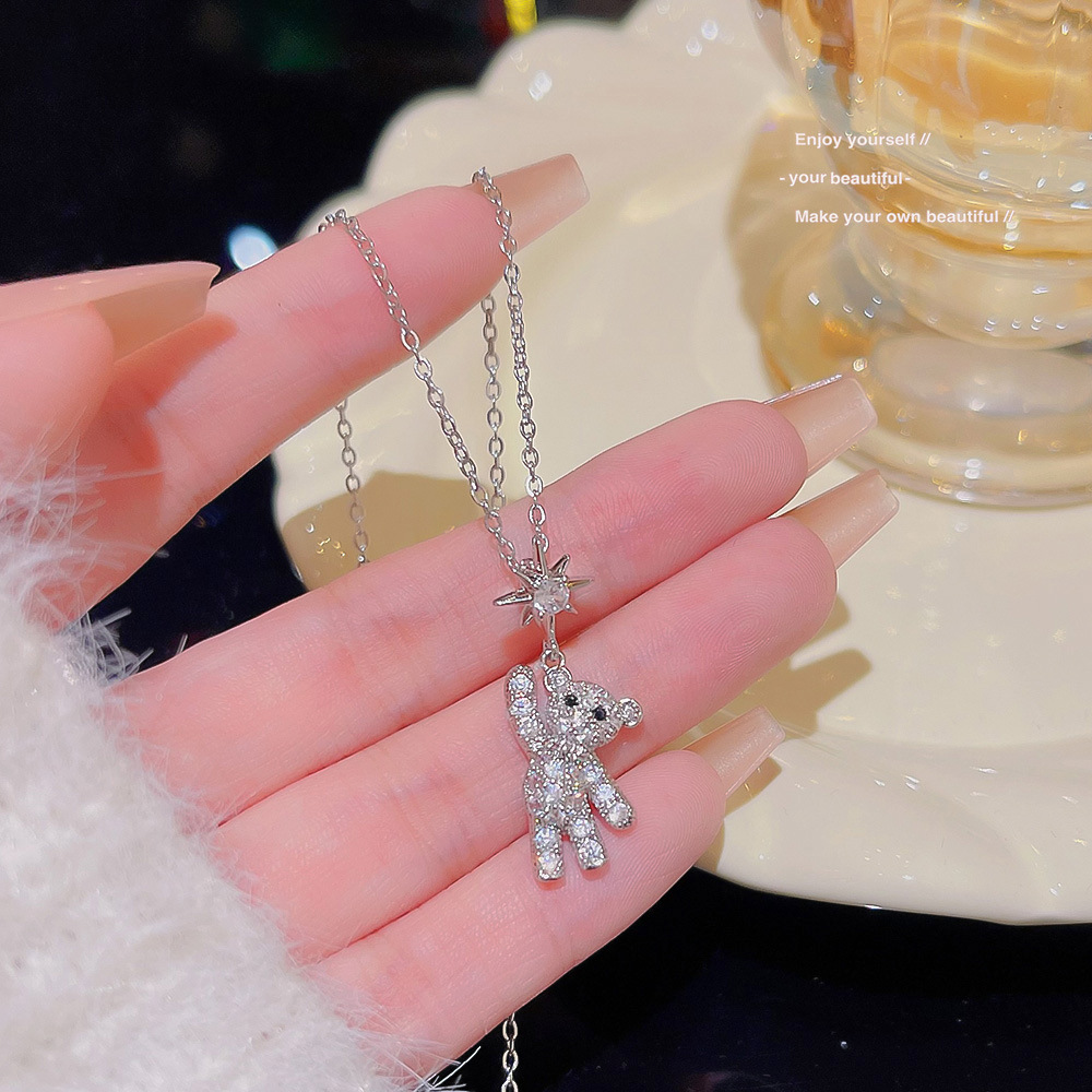 Light Luxury Flash Diamond Bear Pendant Ins Style Hip Hop Necklace For Women With A Sophisticated Sense Of Simple New Collarbone Chain Accessories Specification drawing