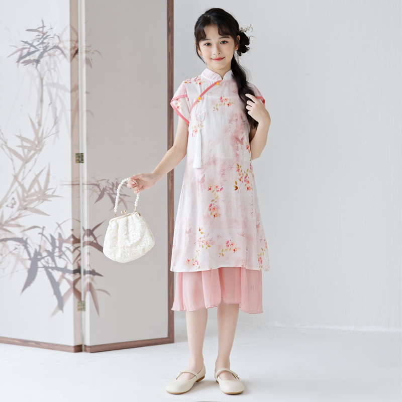 国潮-女童夏装旗袍新中式薄款汉服民族中国风唐装中大童连衣裙套装洋气