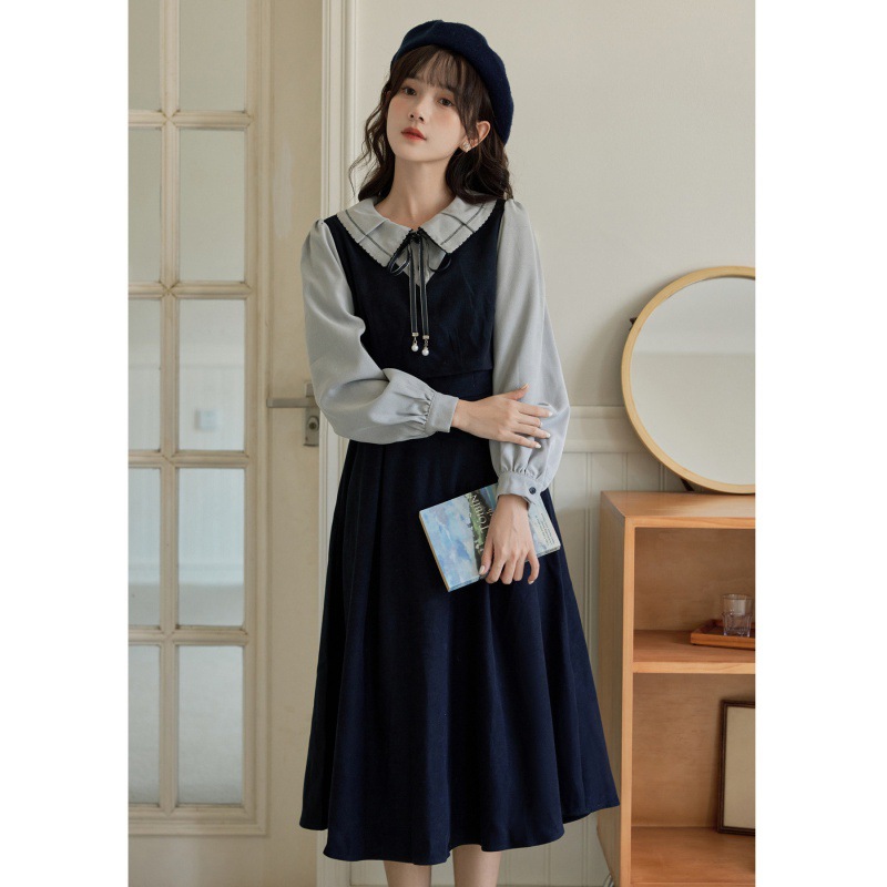 The 2024 autumn new French retro style, gentle, waist-cinching and slimming faux two-piece dress HUA9022