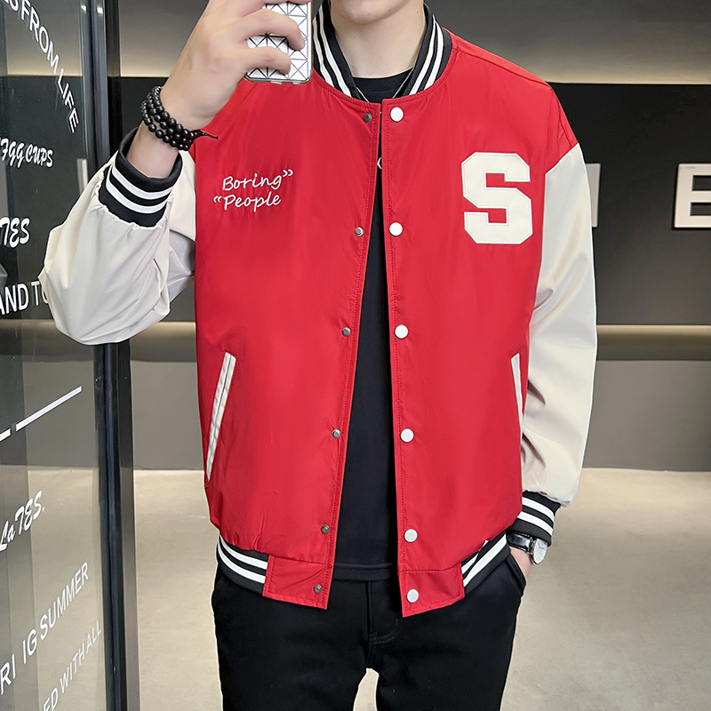 Men's baseball jacket 2023 Autumn collection New Hong Kong-style trendy embroidered letter color-blocked youth baseball collar jacket for men Specification image