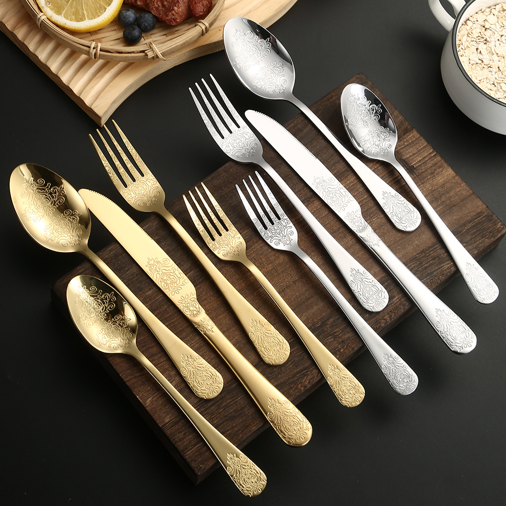 Thick retro double-sided flower stainless steel tableware set, golden printed stainless steel table knives, spoons, forks and tea spoons