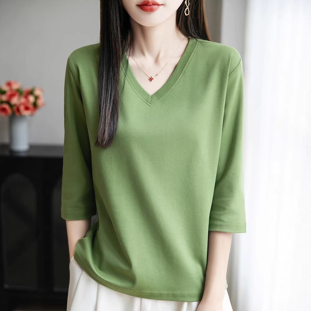 Pure cotton short-sleeved T-shirt for women's spring and summer, new loose V-neck short solid color versatile base T-shirt, half-sleeved top details Picture
