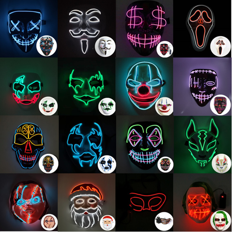 新品万圣节发光面具黑V字仇杀队天狐圣诞老人尖叫发光线面具面罩