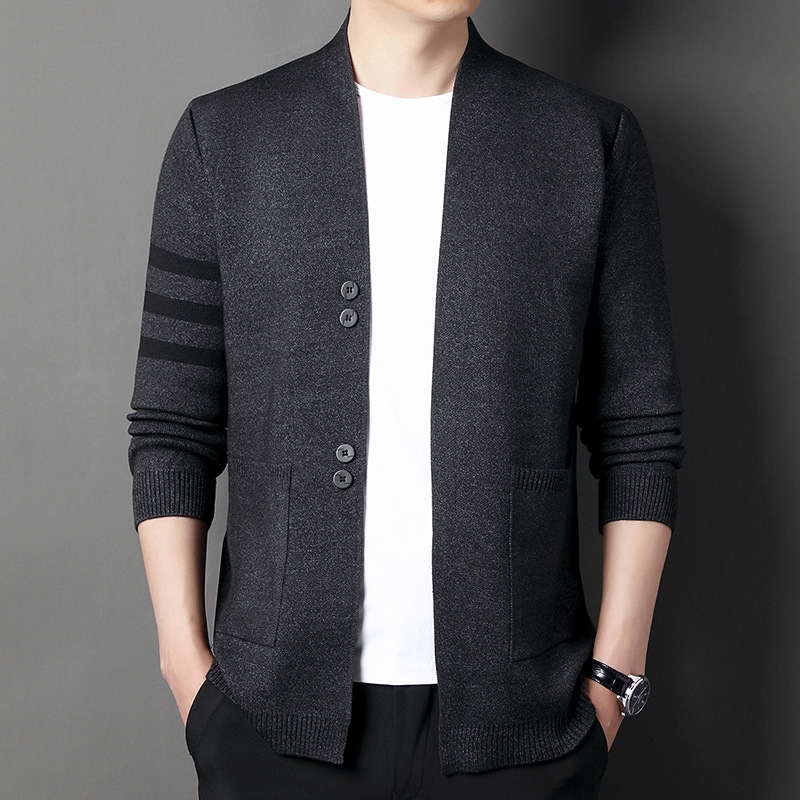 Men's 2023 autumn New V-neck knitted cardigan men's sleeve three-stripe fitted sweater casual jacket top Specification image