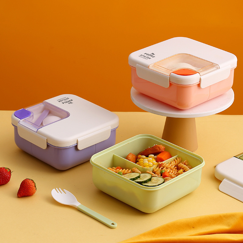 ins拼图分格午餐盒/上班族食堂饭盒/可微波加热餐盒/带餐具塑料盒产品图