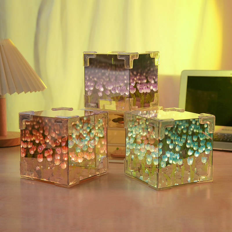 On The Same Day, The Same Day, The Flower Sea Rubik's Cube Tulip Three-Dimensional Night Light Handmade Diy Material Package To Send Girlfriends Gifts