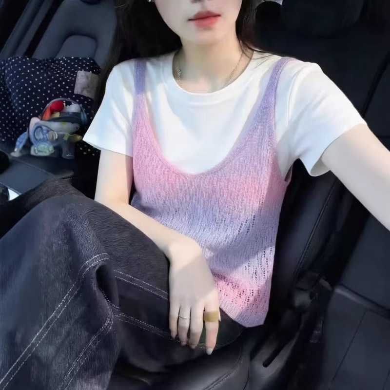 "4.3/ Spring New Arrivals" XUAN XIAO JIE Gradient Knitted Halter Vest T-shirt for women details Picture