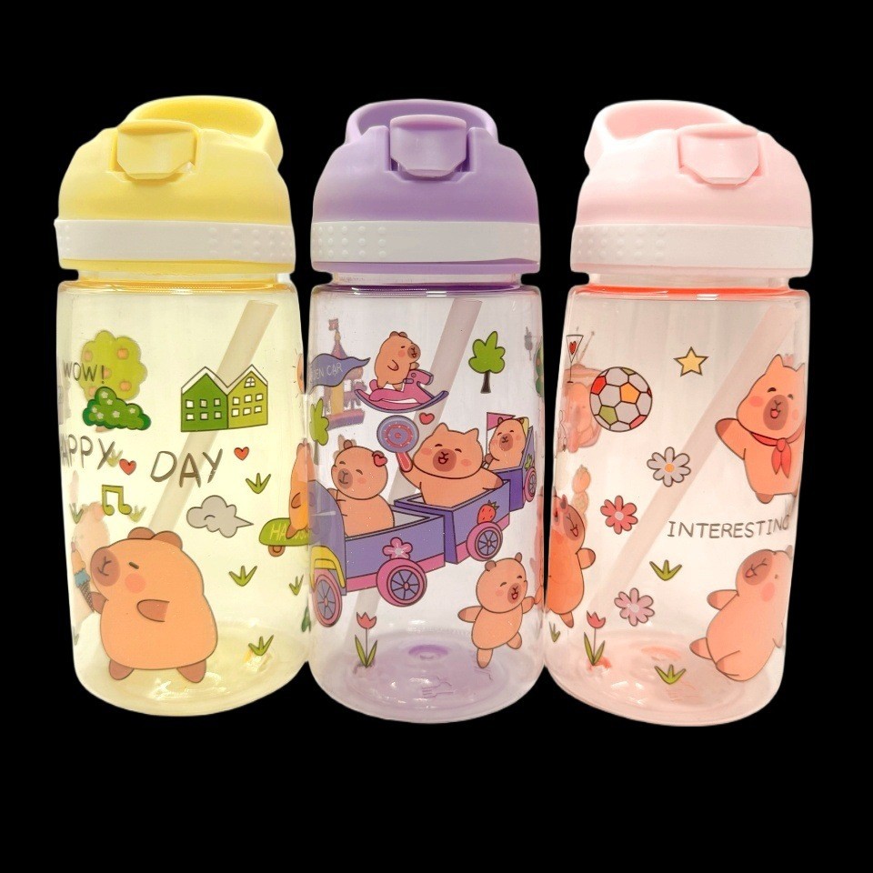 Portable straw cup 25 New model with high appearance level, cute double-drinking water cup with Capibara pattern, student and children's water cup details Picture