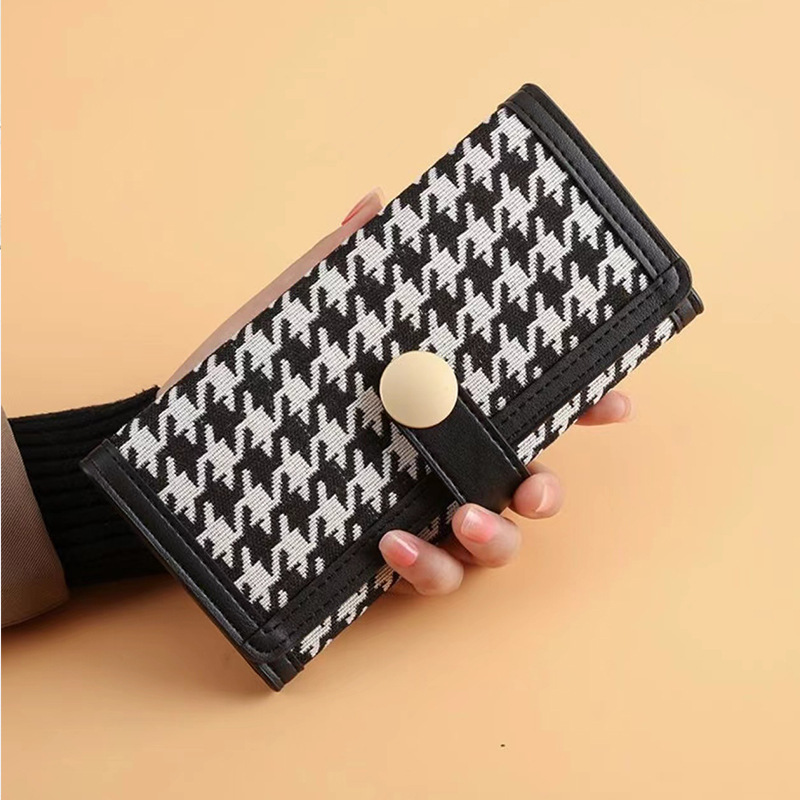 New Fashion Women's Clutch Bag Three Fold Thousand Bird Plaid Canvas Long Coin Purse Classic Retro Multi-Functional Wallet details Picture