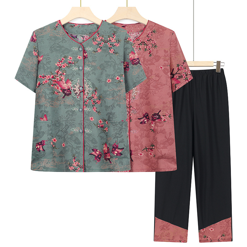 Summer dress sets for middle-aged and elderly grandmothers, women's short-sleeved two-piece sets for mothers, and loose cardigans for 60-year-old and 70-year-old grandmothers in summer details Picture