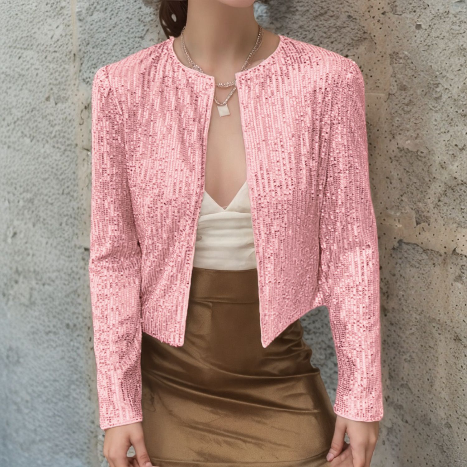 In the spring of 2025, Amazon cross-border bestsellers in Europe and America: round-neck long-sleeved solid-color cardigan, casual and versatile sequined coat for women Application Scenario