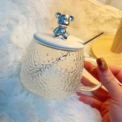 Japanese Hammer Pattern Bear Glass Home Ins Feng Shui Cup With Handle With Cover Spoon Milk Breakfast Cup Hair Replacement
