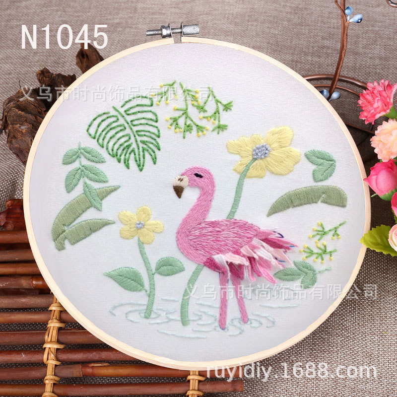 Wholesale cross-stitch hand-embroidered fabric DIY material package, European-style embroidery, three-dimensional embroidery of two flamingos Specification image