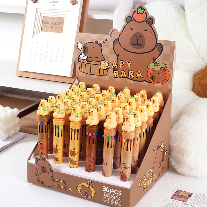 Cartoon Capibala 10-Color Ballpoint Pen Students Creative Multi-Color Pen Stationery Gifts Cute Press Pen Batch Specification drawing