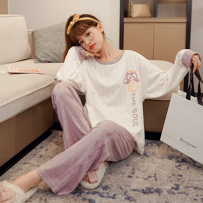 Pajama women's autumn and winter cotton long-sleeved 2022 new Korean style sweet and cute cartoon loose home wear set is perfect details Picture