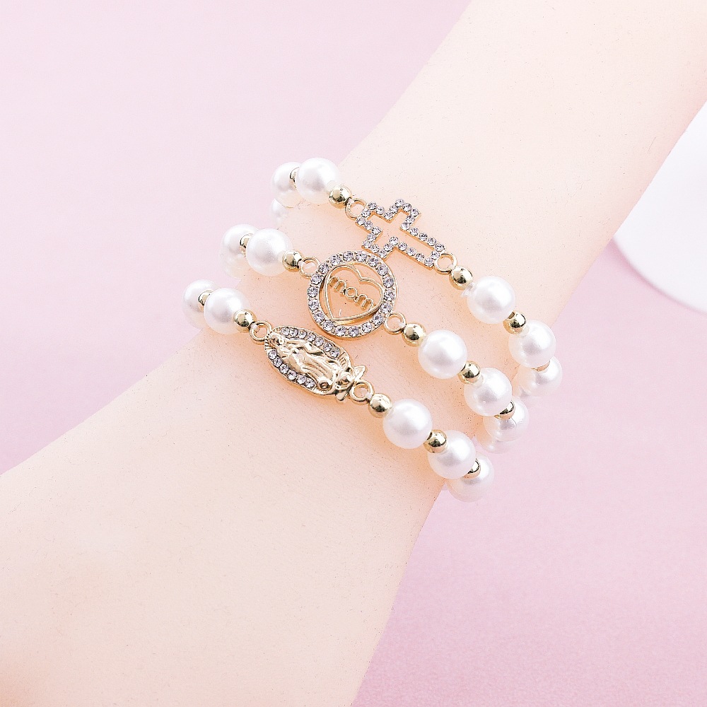 Europe And The United States Foreign Trade Amazon Cross-Border Sales Of The Mother Of Mary Cross Imitation Pearl Bracelet Set Women's Bracelet Couple Gift Manufacturers Wholesale details Picture