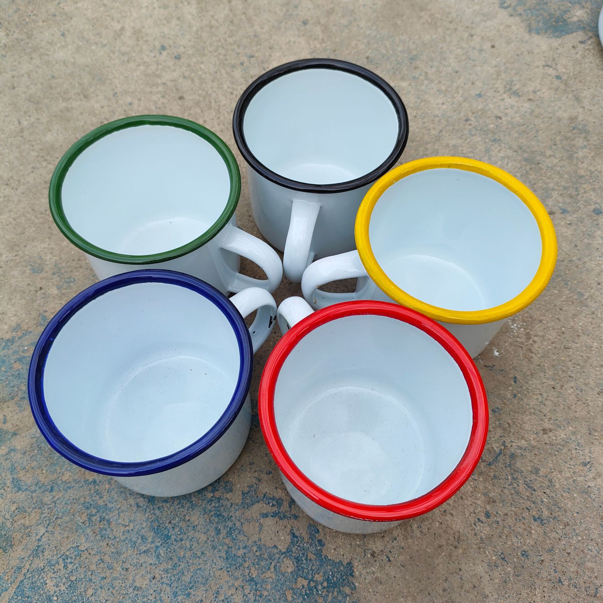 360ML white enamel cup, mug, coffee cup, colored rim with LOGO printed, thickened mouth cup, old-fashioned cup