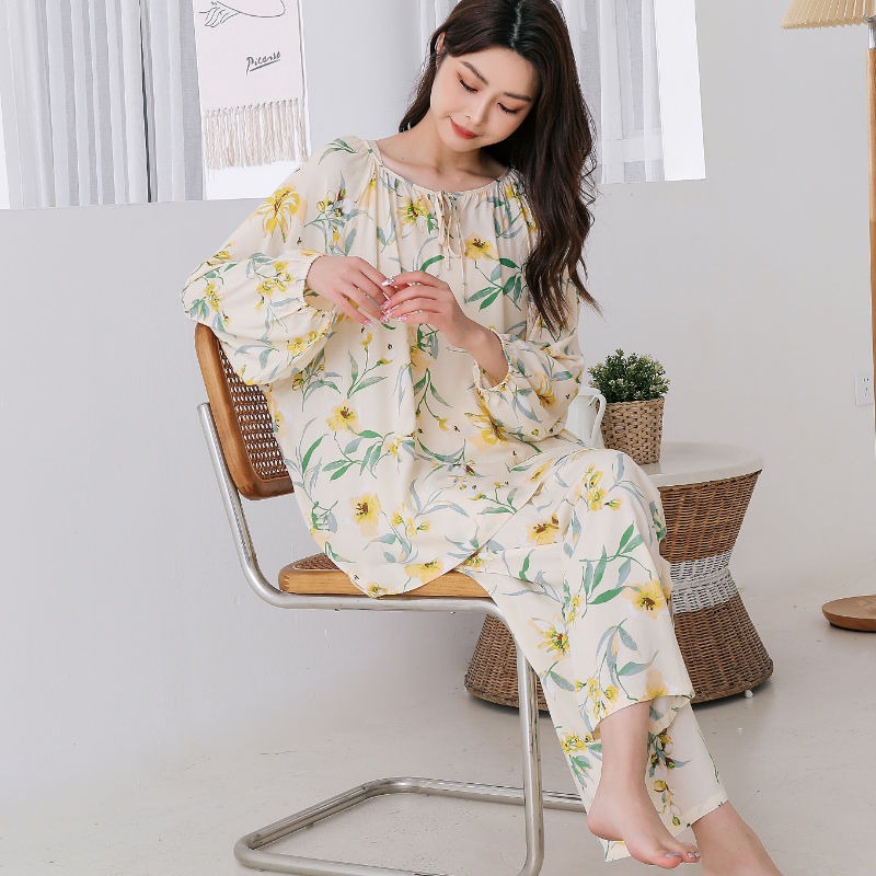 40支棉绸睡衣女士宽松国风灯笼袖高级感人棉长袖长裤家居服套装