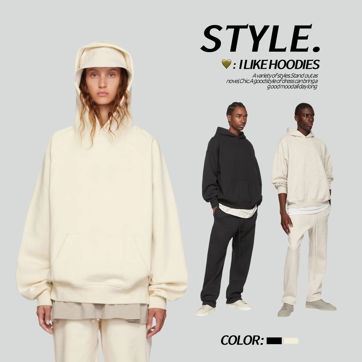 2023 New fog Autumn/Winter thickened and fleece 380g hooded solid color multi-color hoodie, European and American trendy brand hoodie Specification image