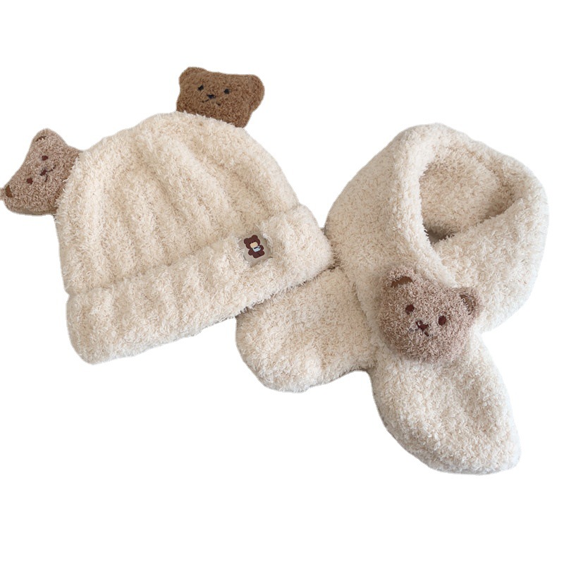 2022 Bear Fur Hat Autumn And Winter Baby Scarf And Hat One Two-Piece Children's Warm Ear Protection Knitted Hat Item Picture
