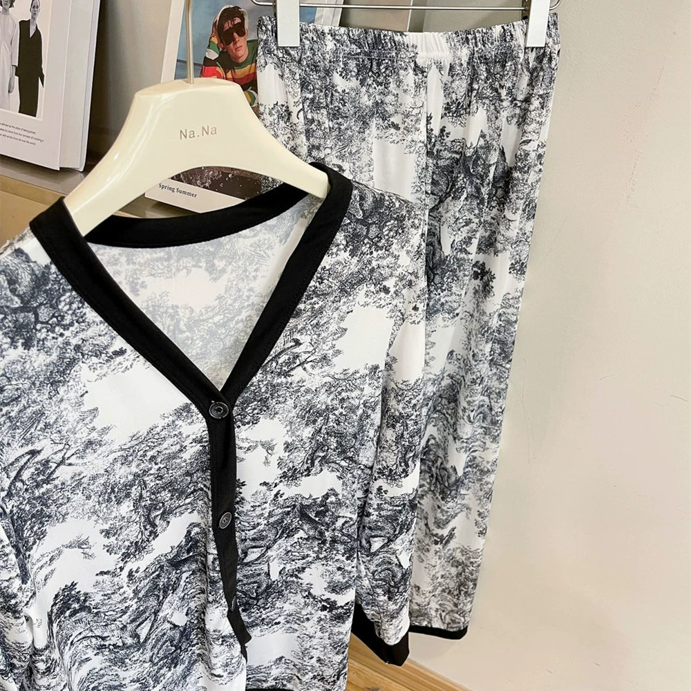Four-piece set of Chinese trend ink wash painting, Chinese trend style pajamas, fashionable summer loose and comfortable printed ice-feel home wear set, box set Specification image