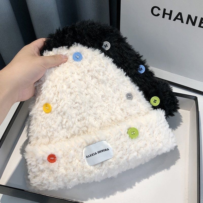 Hat For Women Autumn-Winter Thickened Furry Knit Hat With Colored Buttons Imitation Fur Woolen Hat details Picture