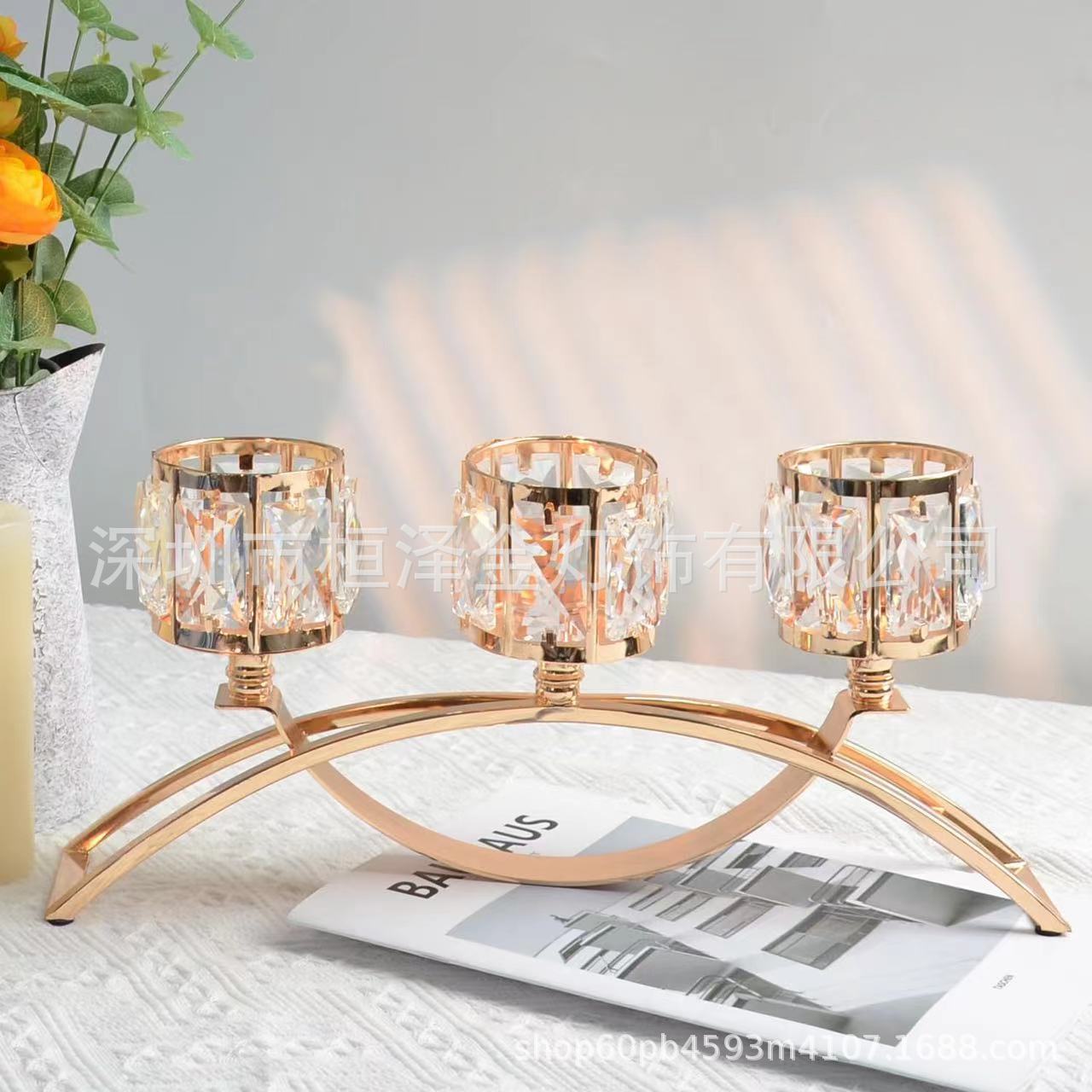 Nordic ironwork glass candlestick dining table, home decoration, romantic candlelight dinner props, wedding three-headed candles details Picture