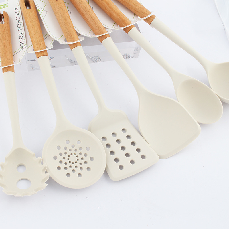 Cross-border household simple heat-resistant non-stick pan spatula Stir-fry spoon slotted spoon wood grain handle food grade silicone kitchenware set details Picture