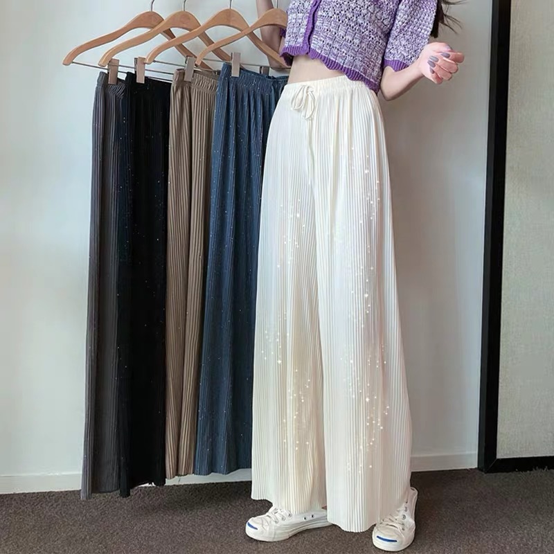 2024 New Chiffon Pleated Ice Silk Starry Sky Shining Broad Leg Pants For Women Spring And Summer Thin Loose Straight Tube Pendant Pants