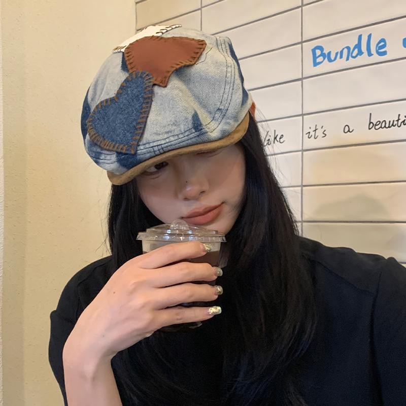 Washed denim forward Beret, new versatile, retro, big head circumference to show off your face, Bud Painter hat, octagon details Picture