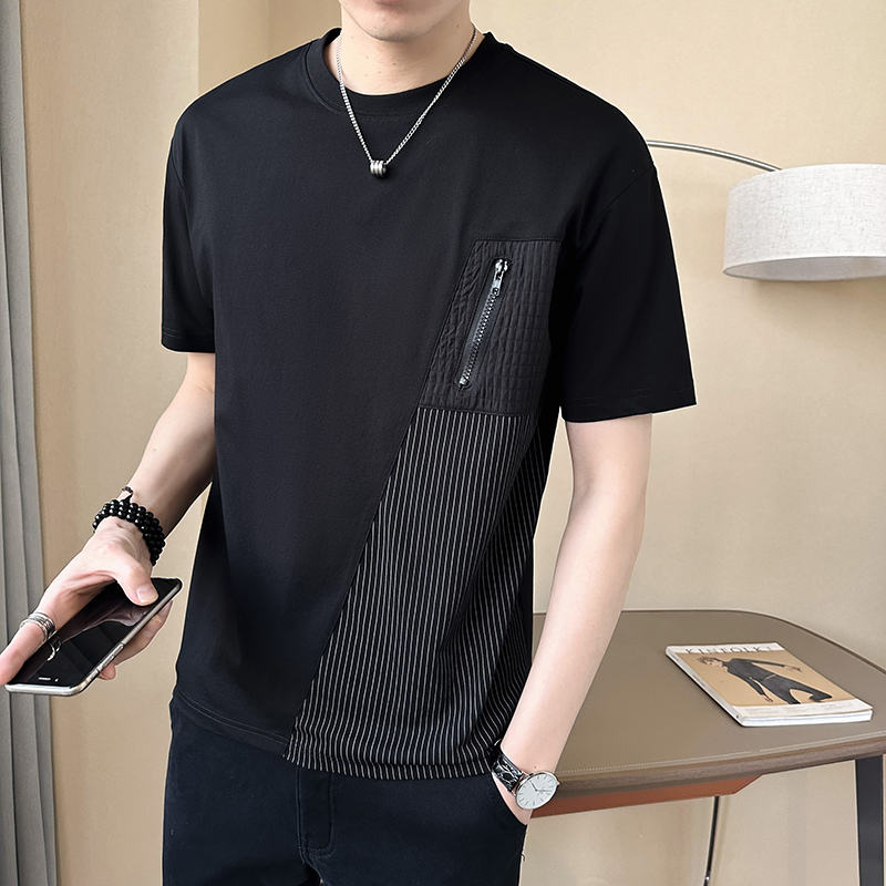 Short-sleeved men's summer T-shirt 2024 new style striped patchwork trendy brand round neck half-sleeved men's top Specification image