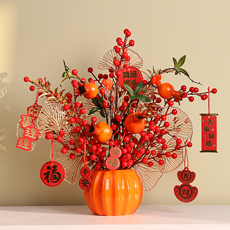 New light luxury faux red fruit, pomegranate fruit, red berry high-end TV cabinet, entrance hall creative new Chinese-style floral arrangement Specification drawing