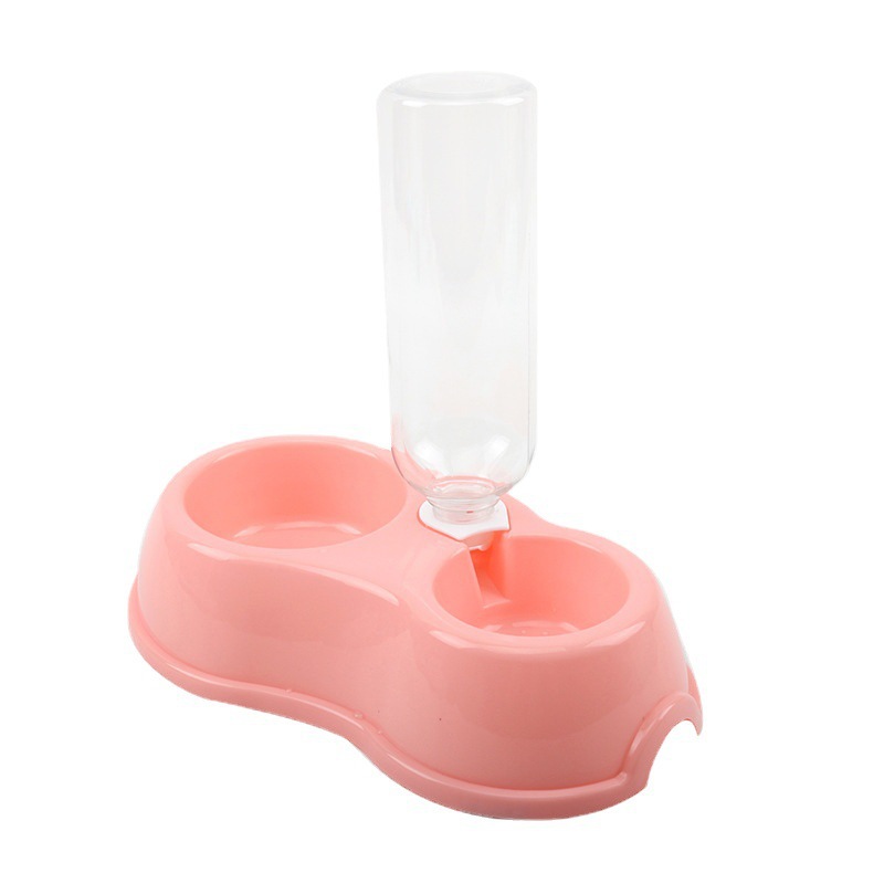 Plastic double-bowl cat and dog food bowl and water dispenser, pet plastic bowl with water bottle set, complete two-in-one, factory direct supply Item Picture