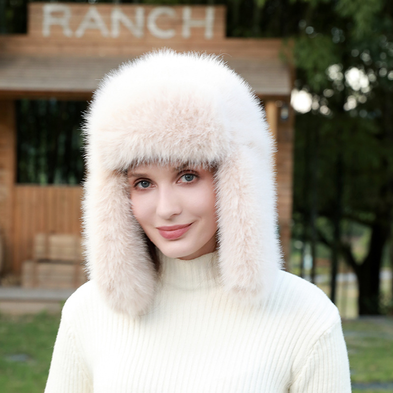 秋冬季毛绒雷锋帽子女加厚仿狐狸毛防寒保暖骑车帽滑雪护耳帽潮流