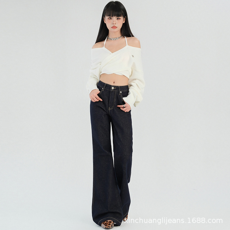 新塘牛仔之都美式丹宁蓝复古阔腿牛仔裤宽松显瘦不贴腿喇叭