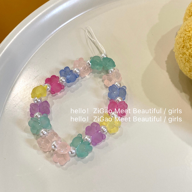 Rainbow Color Cartoon Bear Mobile Phone Lanyard Beaded Anti-Loss Girl Heart Elastic Mobile Phone Chain Fashion Mobile Phone Lanyard