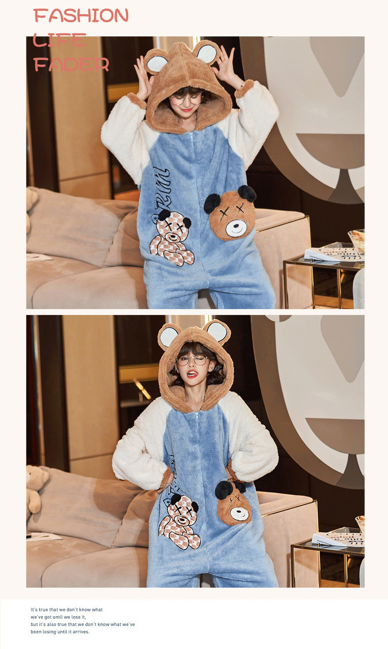 Winter couple pajamas, female cartoon hooded and fatten warm, student ins style one-piece home wear, 200 pounds can be worn pic 10