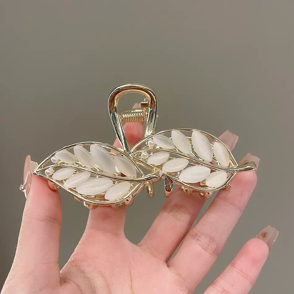 2023 New Opal Wheatclaw Hairpin Female Shark Clip Light Luxury Leaf Leaf Clip Temperament Retro Specification drawing