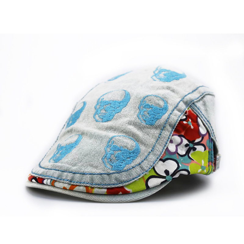 New Skull Embroidery Cap Women's Personality Fashion Retro Front Hat Street Hipster Hat Cowboy Beret Specification drawing