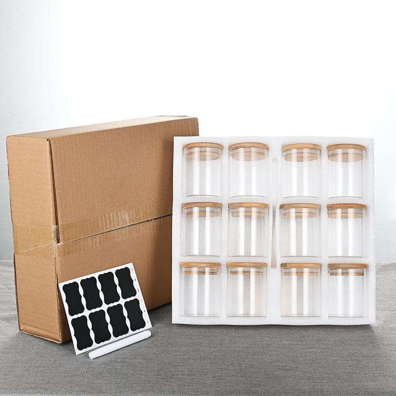 A 12-piece set of bamboo lid glass seasoning jars Specification image