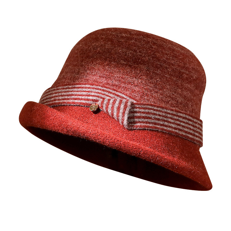 Autumn And Winter Knitted Wool Basin Hat With Rolled Edge Against Color Striped Women's Retro Casual Warm Top Hat Elegant Fisherman's Hat Item Picture