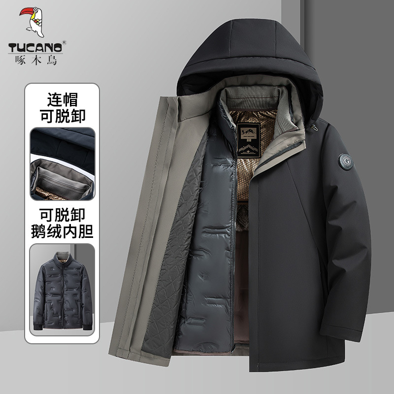 Woodpecker Winter Men's thickened Dad Jacket, windproof and warm, detachable inner liner men's down jacket