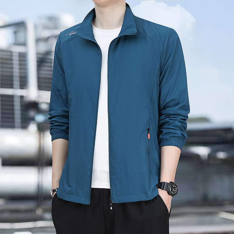 Men's ultra-thin breathable ice silk summer fishing sun-protective clothing, men's skin windbreaker, stand-up collar cardigan details Picture