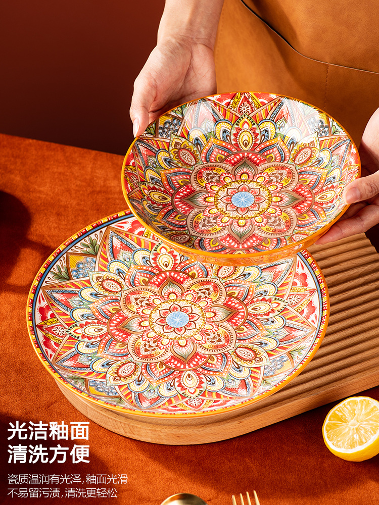 批发波西米亚/新款轻奢皇冠/新款轻奢皇冠/陶瓷汤锅/陶瓷孔雀餐盘/柚下彩陶瓷碗盘/陶瓷餐盘套装白底实物图