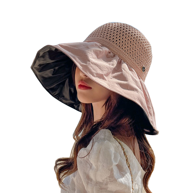 【 Event 】 New black rubber sun hat, women's UV protection face shield, sun hat with a large brim and an open top, foldable sun hat Item Picture